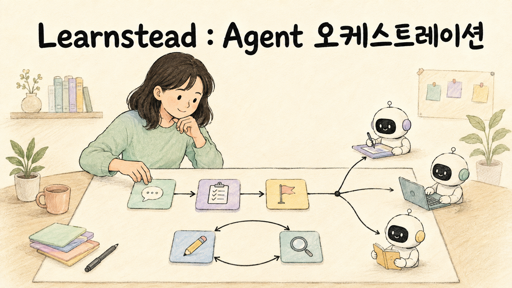 사람이 순서·분기·검토를 나타내는 카드로 로봇들의 작업 흐름을 구성하는 Learnstead Agent 오케스트레이션 삽화