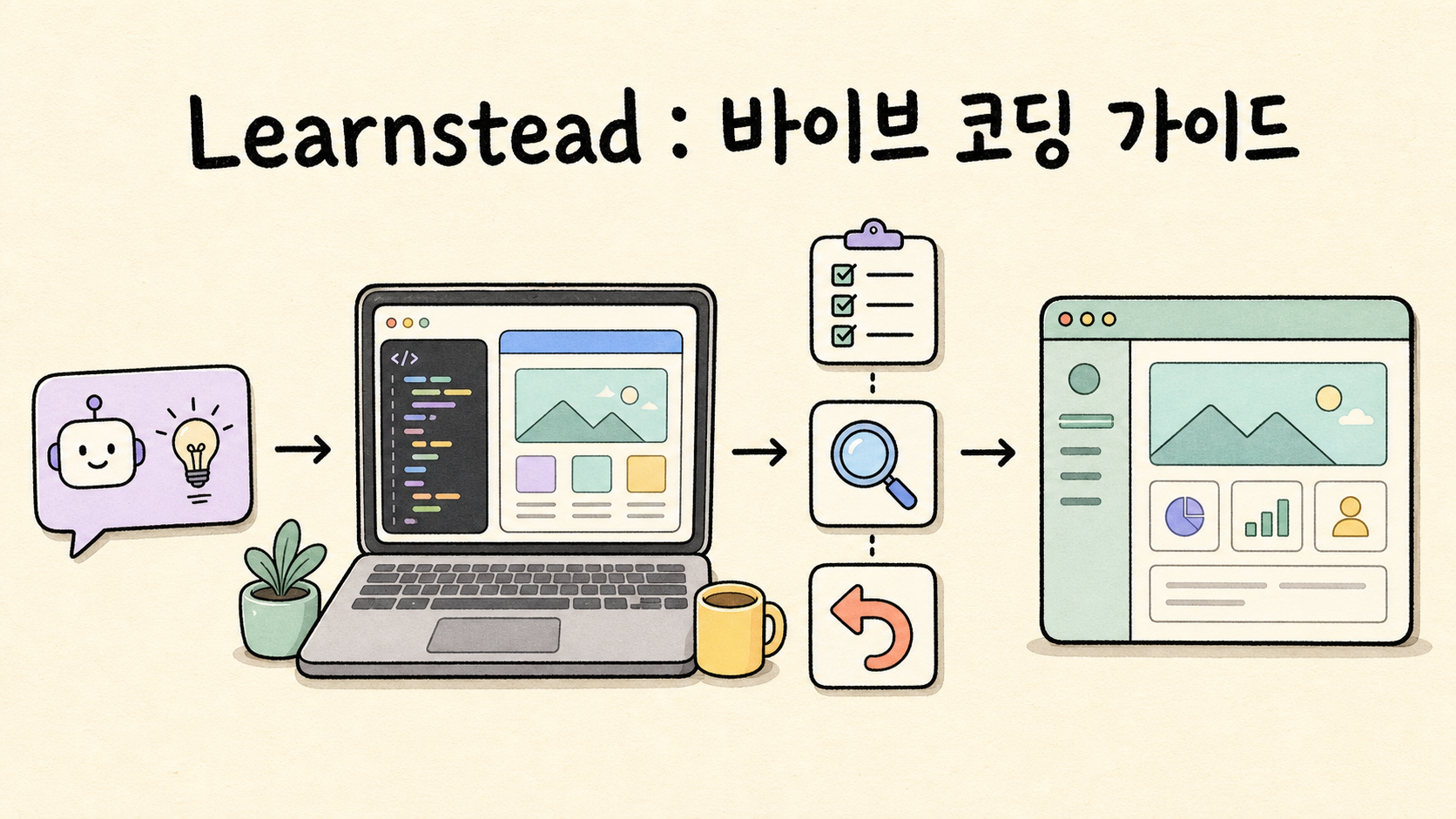 아이디어를 AI와 함께 구현하고 계획·확인·복구를 거쳐 앱으로 만들어 가는 Learnstead 바이브 코딩 가이드 삽화
