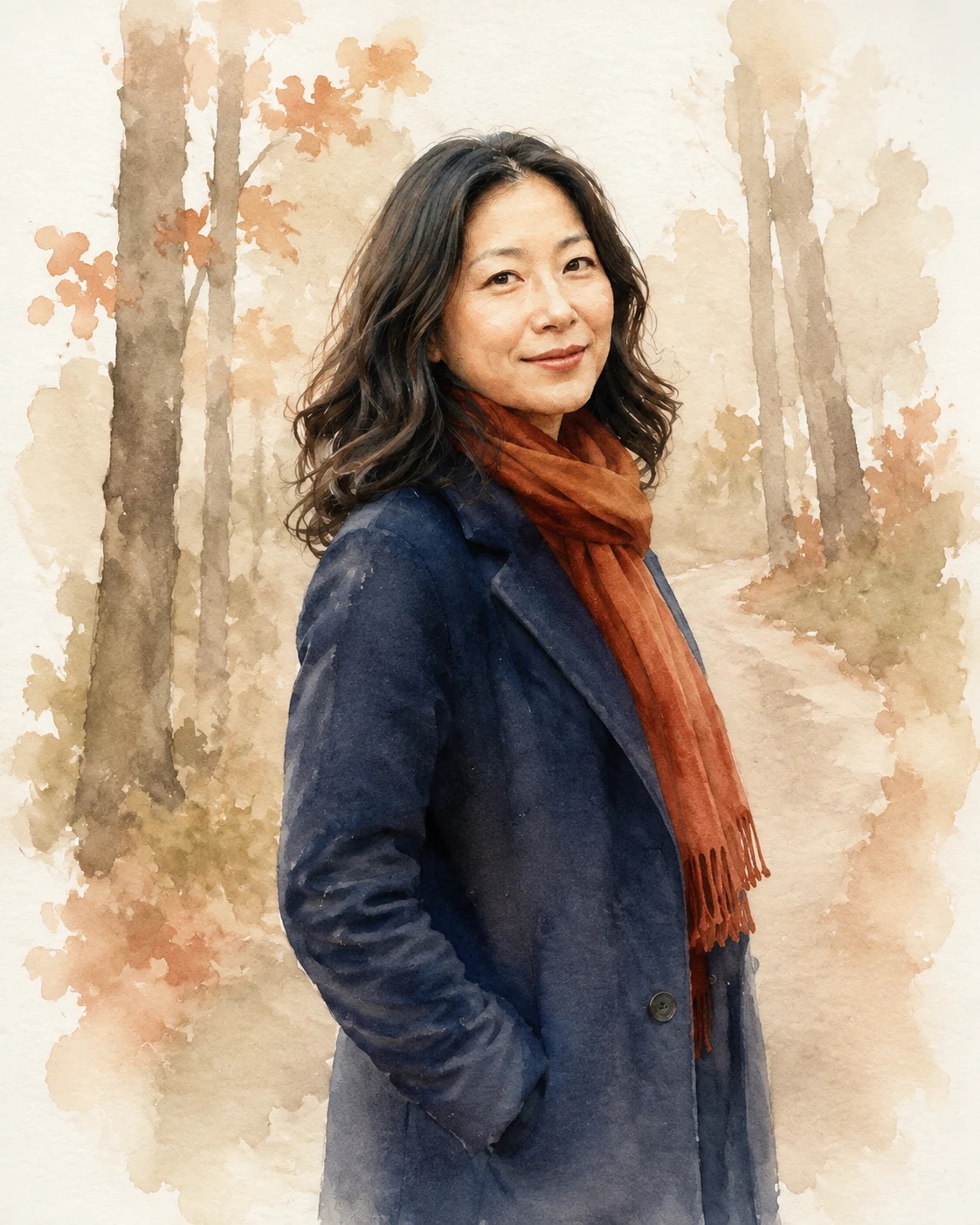 같은 합성 여성을 섬세한 캐릭터 선화로 다시 그리고 늦가을 숲길과 나무줄기, 잎을 투명한 큰 색면과 종이 여백으로 줄인 로맨스 수채화