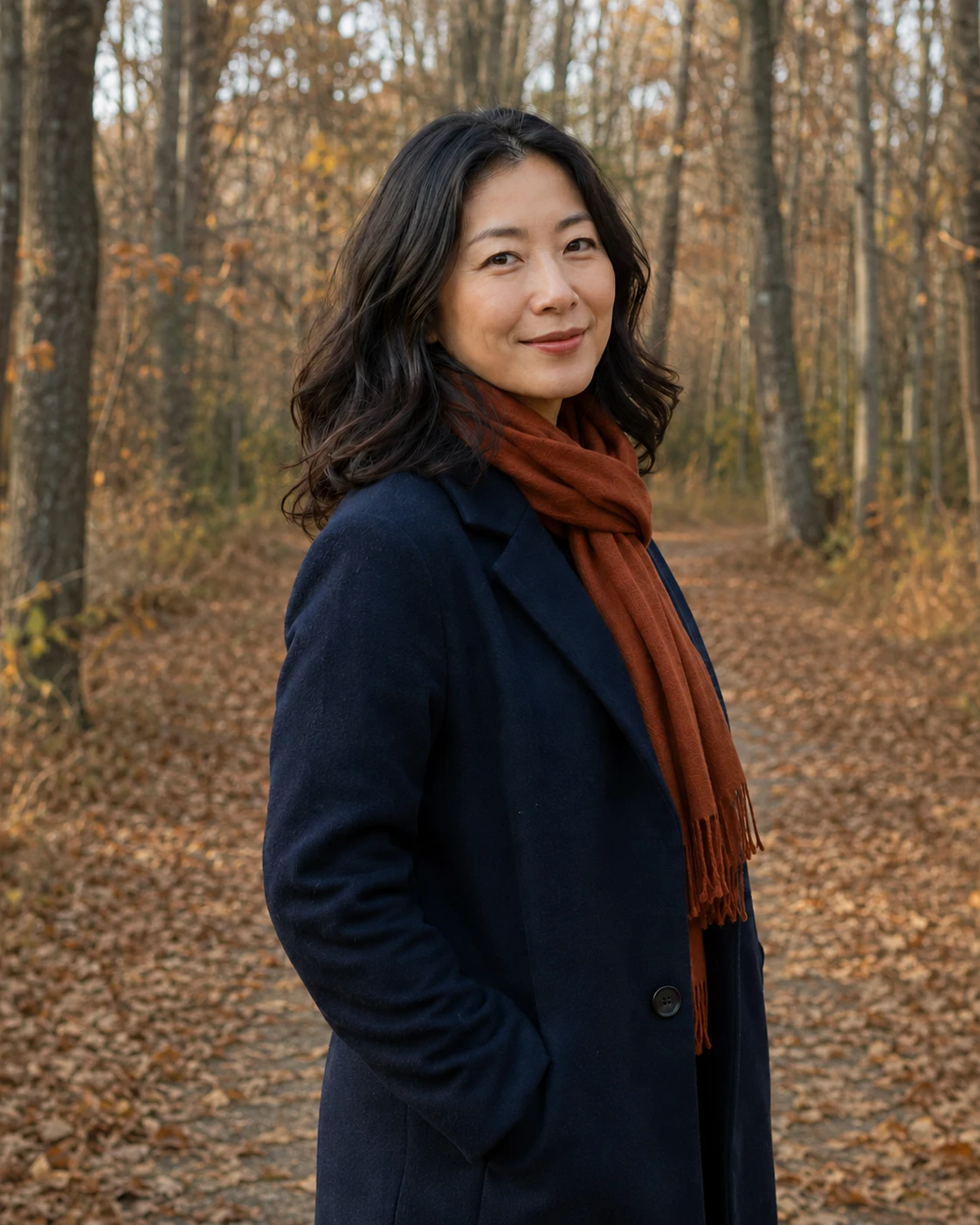 늦가을 숲길에서 짙은 남색 코트와 녹슨 주황색 스카프를 입고 잔잔하게 미소 짓는 완전 합성 성인 여성의 인물 사진