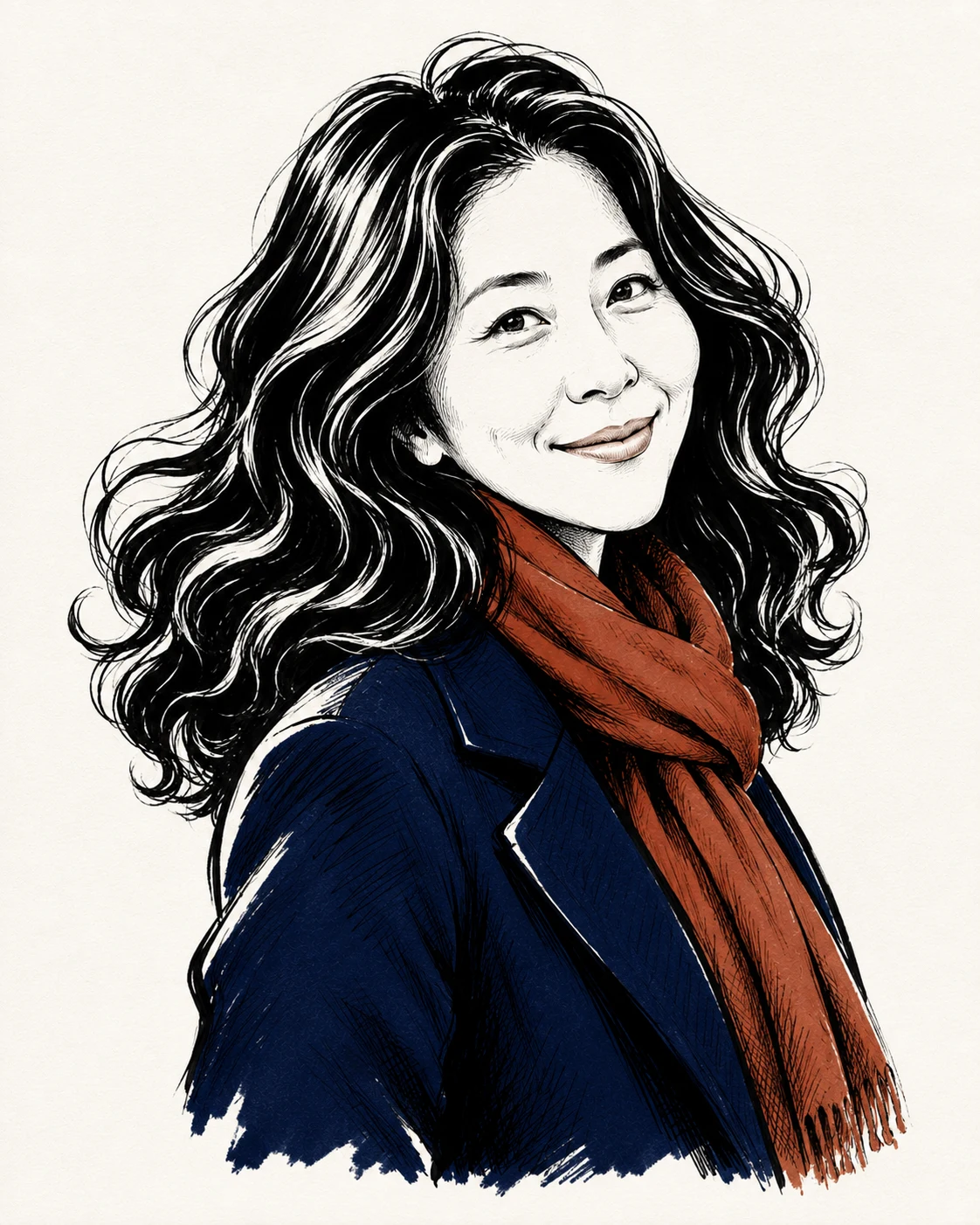 합성 여성의 높은 볼–미소 대각선과 넓은 웨이브 머리 덩어리를 강조하고, 짧고 좁은 하관으로 반작용을 만든 검은 붓펜 거리 화가풍 캐리커처
