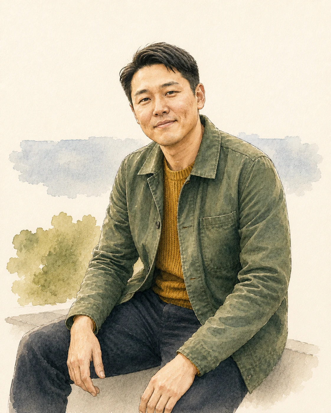 같은 합성 인물의 포즈와 녹색 재킷, 황토색 스웨터를 남기고 옥상 정원과 도시 skyline을 몇 개의 투명한 큰 색면과 넓은 종이 여백으로 줄여 그린 로맨스 수채화