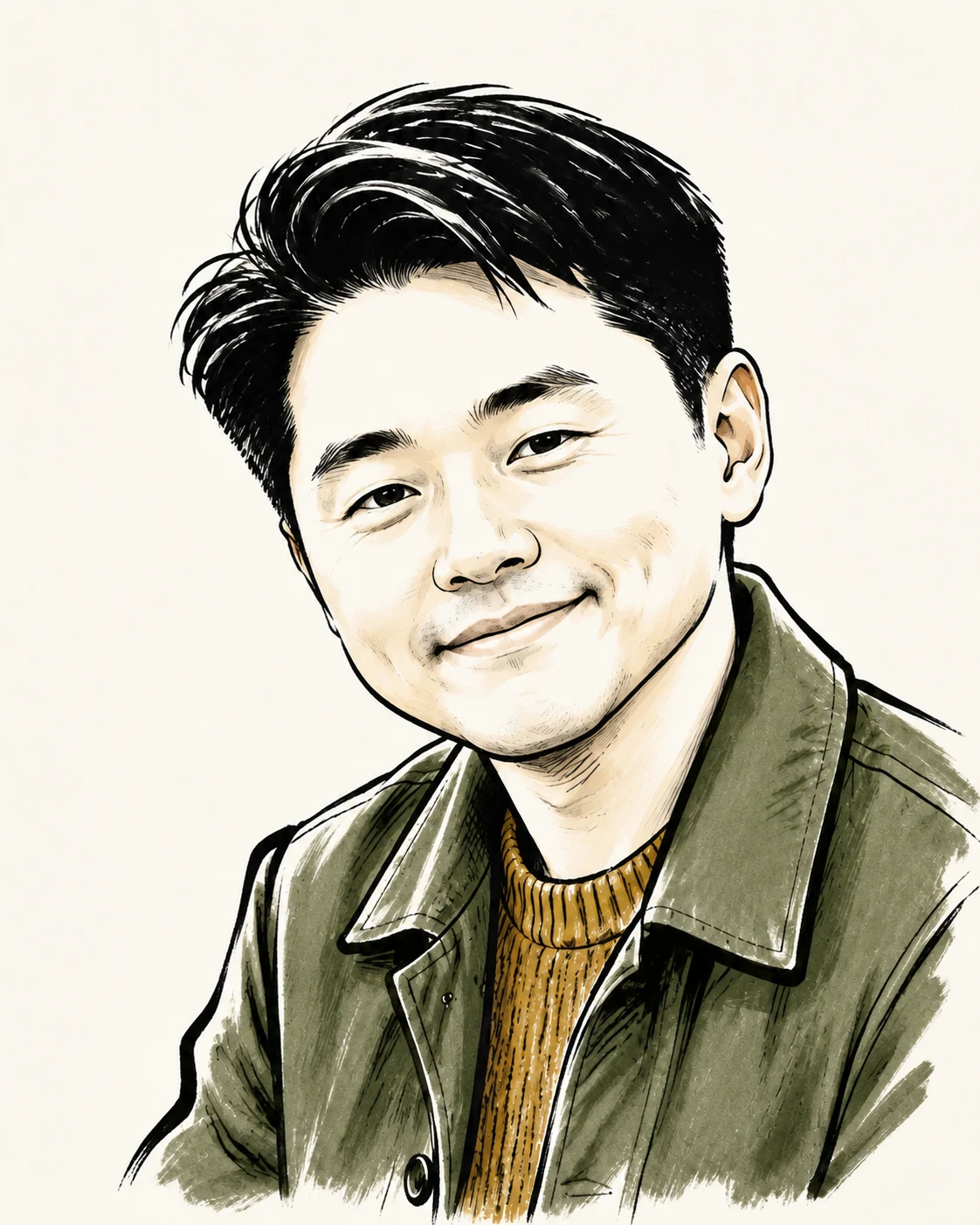 합성 원본의 눈–볼–미소 곡선과 가르마를 남기면서 머리 프레임과 턱, 어깨의 비례가 서로 반응하도록 다시 그리고, 검은 붓펜 선과 올리브·황토색만 사용한 거리 화가풍 캐리커처