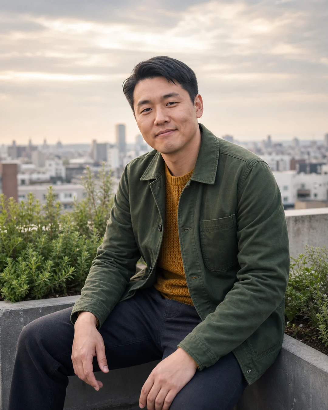 흐린 도시 skyline과 옥상 식물을 배경으로, 녹색 재킷과 황토색 스웨터를 입고 앉아 잔잔하게 미소 짓는 합성 인물 사진